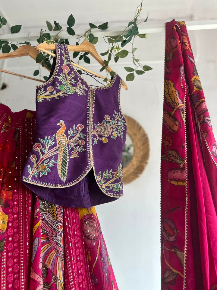 Purple & Magenta Pen Kalamkari Lehenga