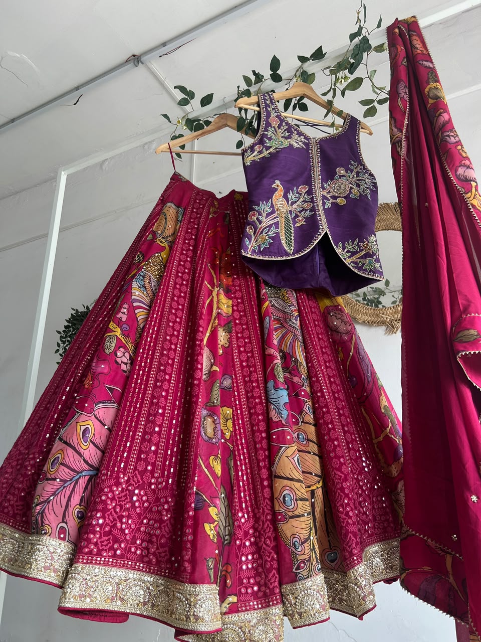 Purple & Magenta Pen Kalamkari Lehenga