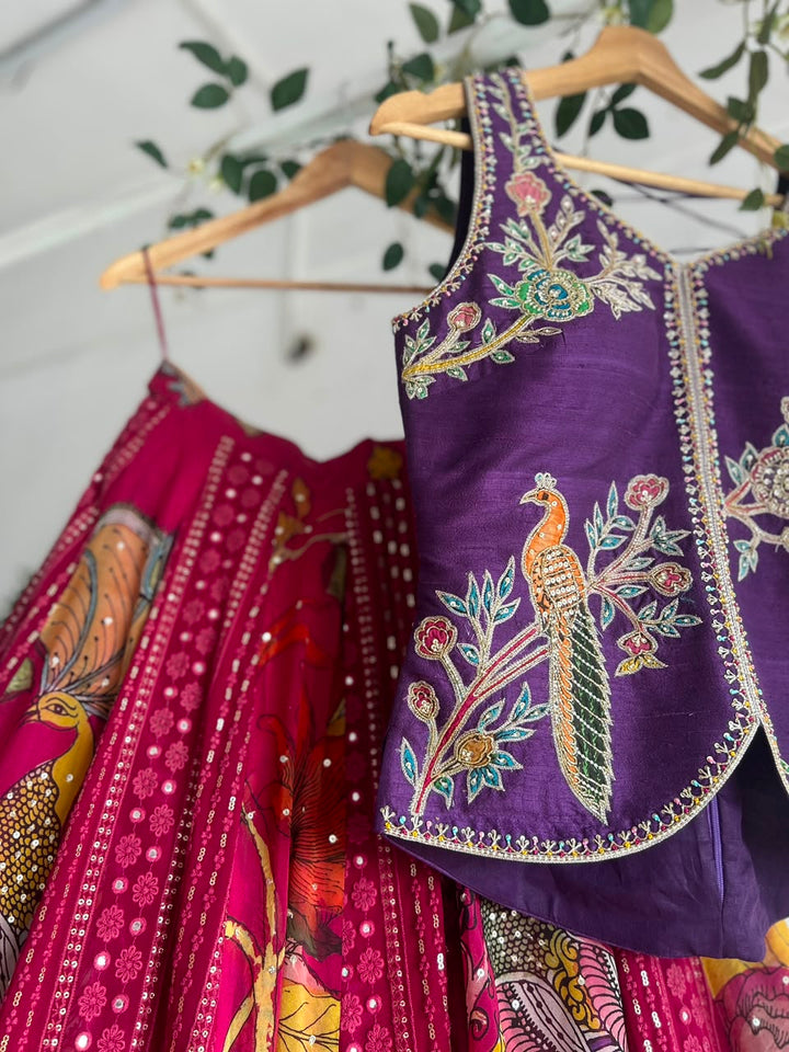 Purple & Magenta Pen Kalamkari Lehenga