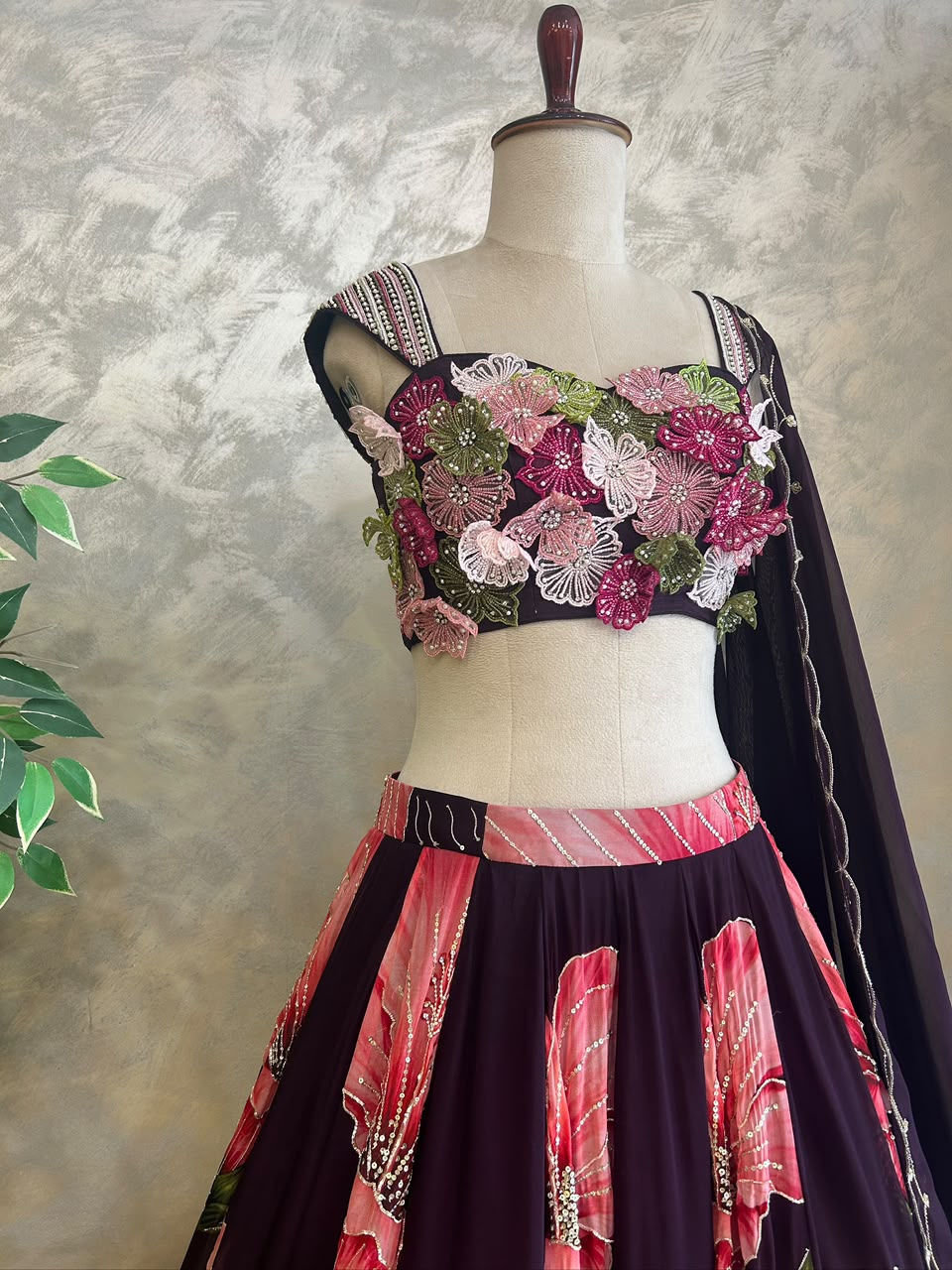 Wine Floral Lehenga