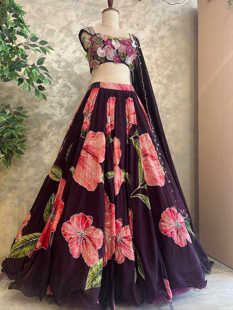 Wine Floral Lehenga