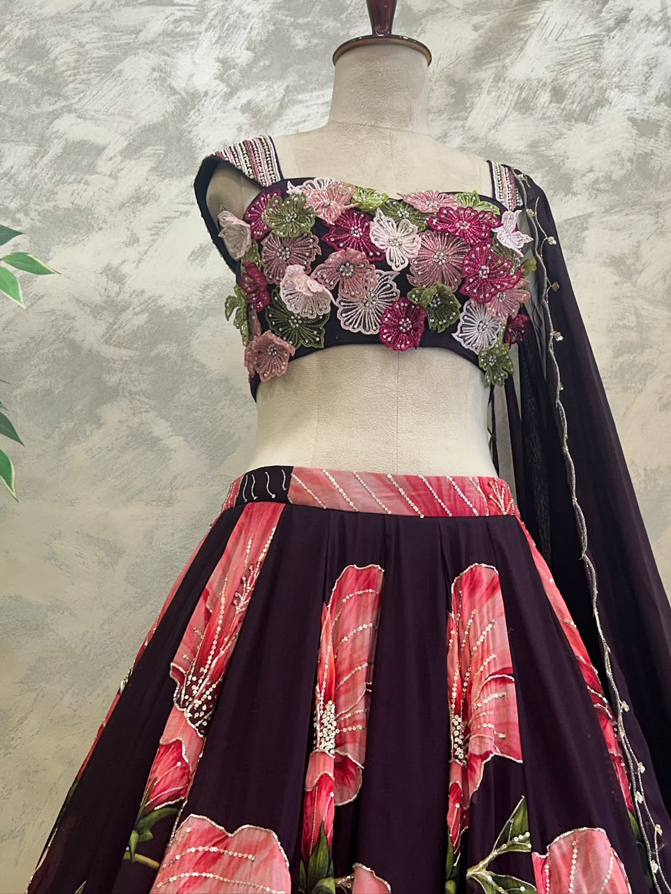 Wine Floral Lehenga