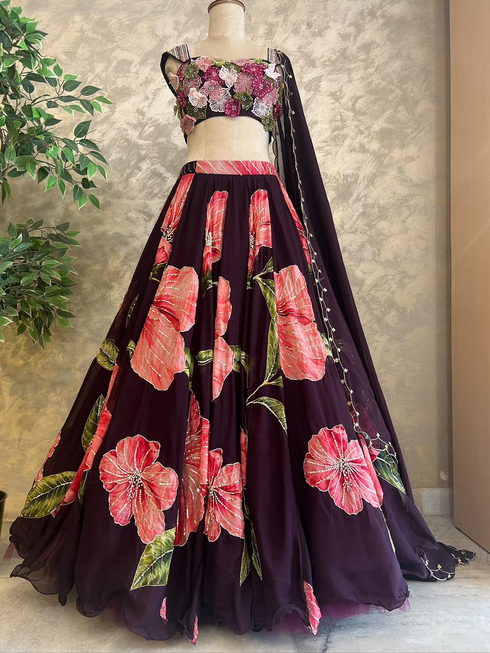 Wine Floral Lehenga