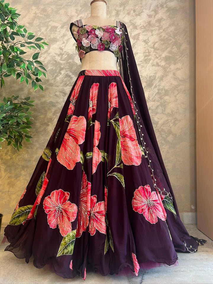Wine Floral Lehenga