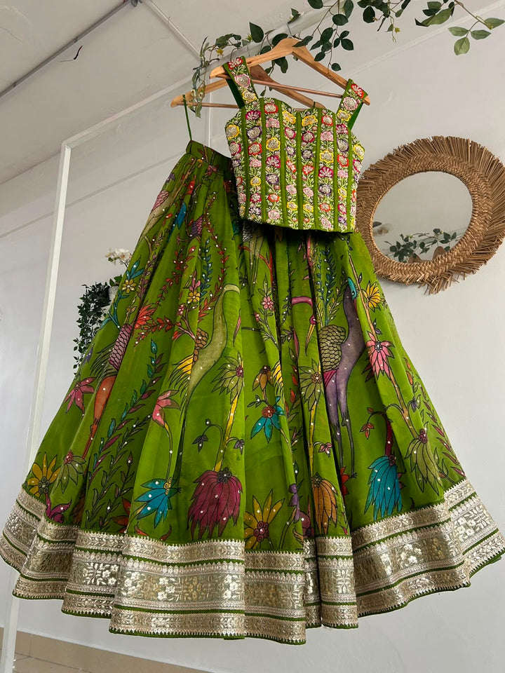 Green Pen Kalamkari Silk Lehenga