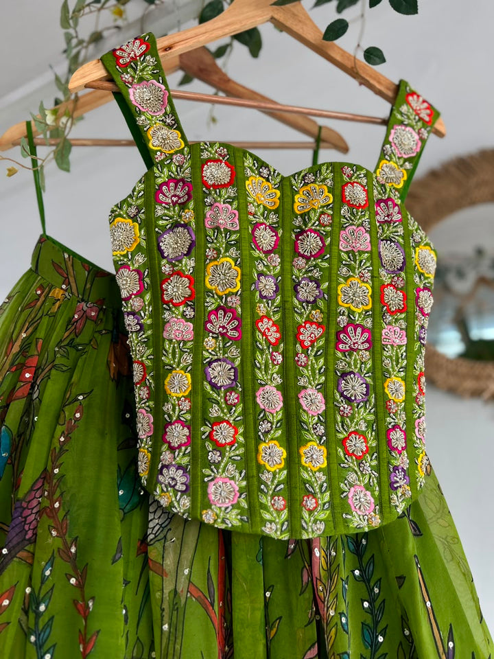 Green Pen Kalamkari Silk Lehenga