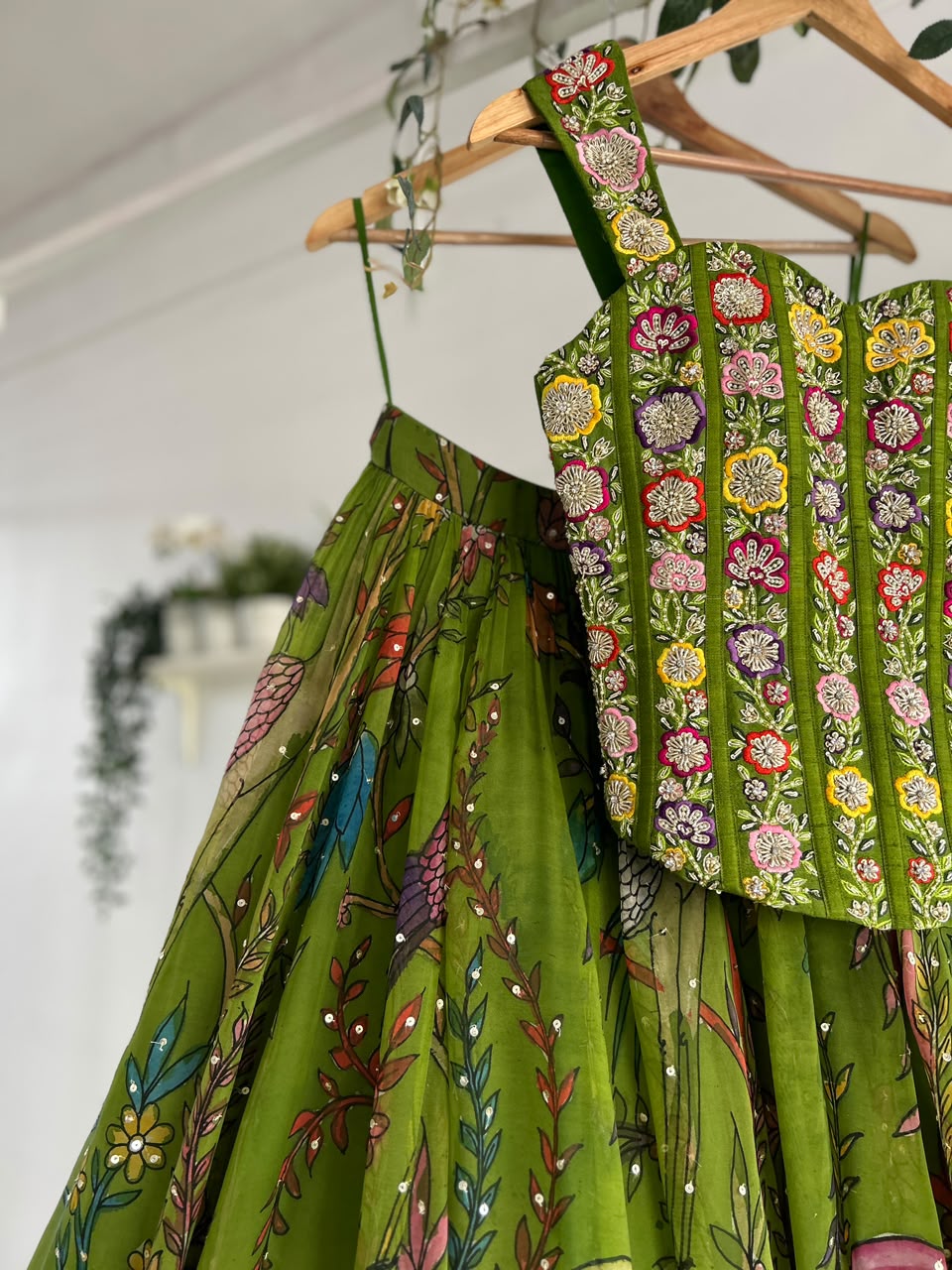 Green Pen Kalamkari Silk Lehenga