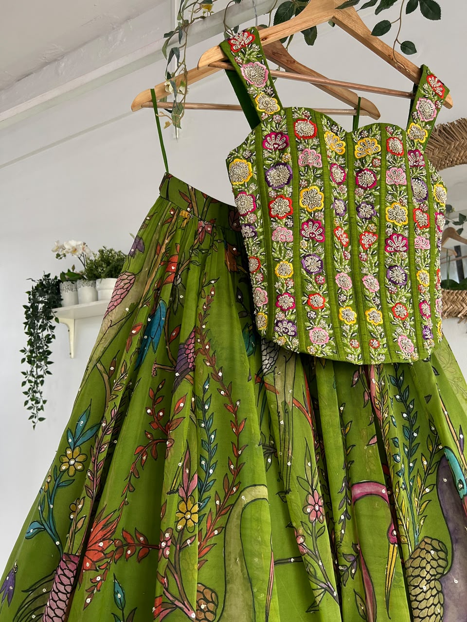 Green Pen Kalamkari Silk Lehenga