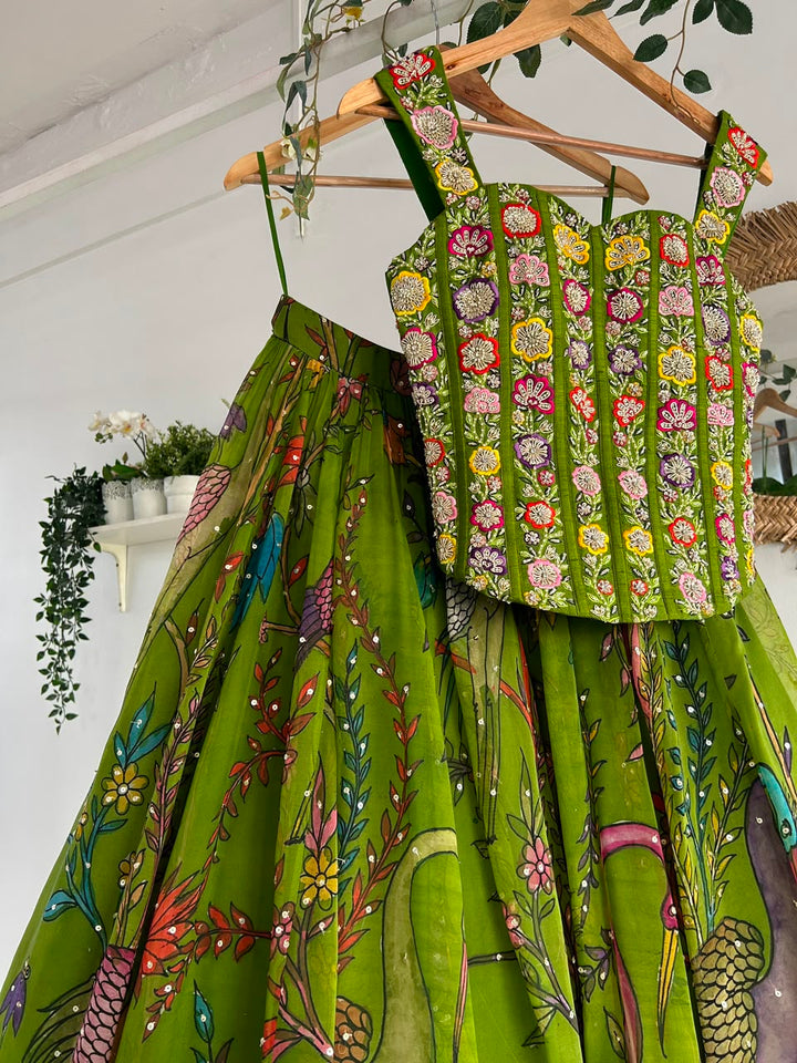 Green Pen Kalamkari Silk Lehenga