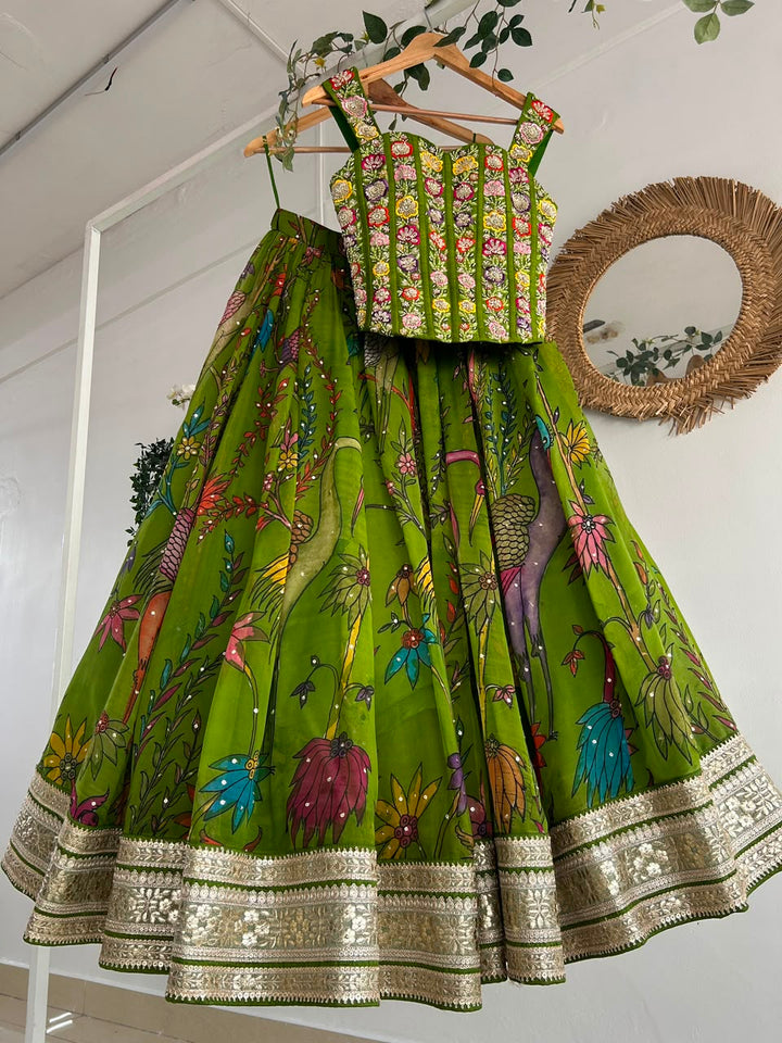Green Pen Kalamkari Silk Lehenga
