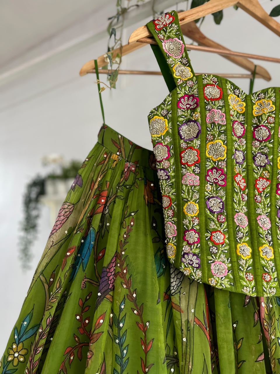 Green Pen Kalamkari Silk Lehenga