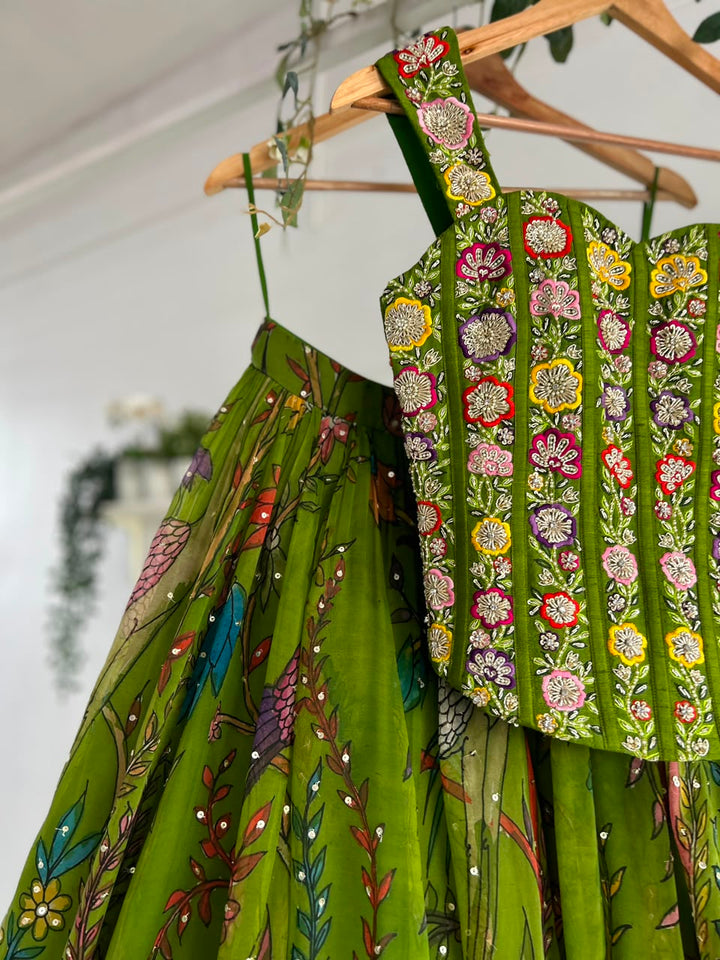 Green Pen Kalamkari Silk Lehenga