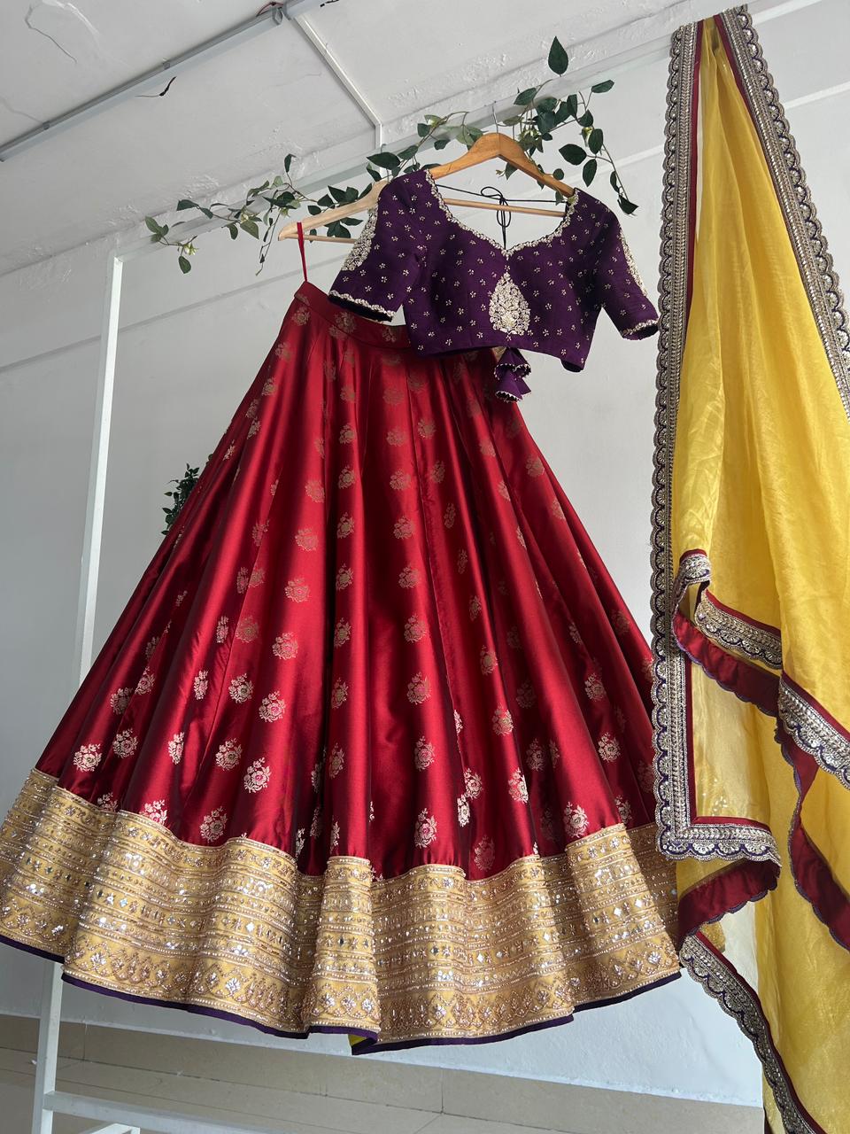 Purple & Red Banaras Silk Lehenga
