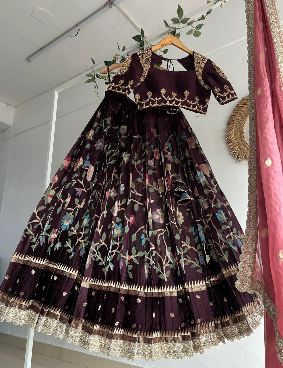 Dark Plum Banaras Silk Lehenga