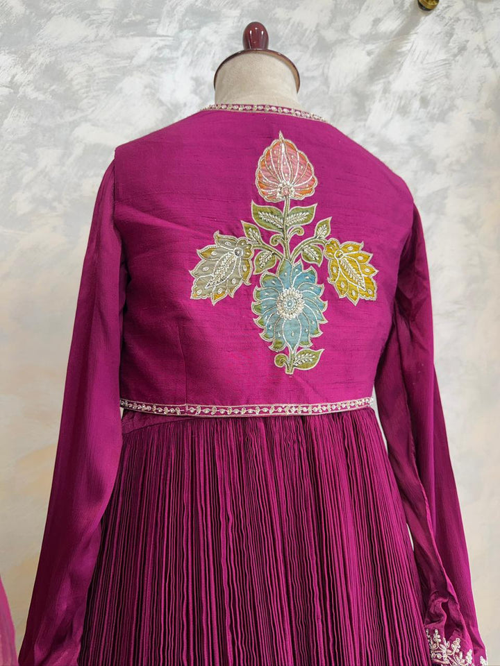 Magenta Kalamkari Applique Chinnon Dress