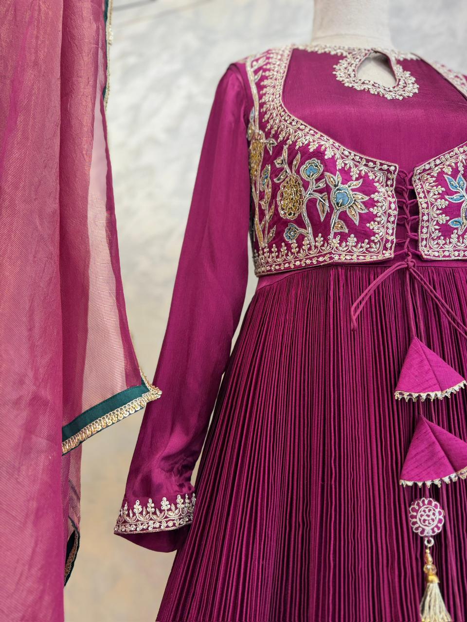 Magenta Kalamkari Applique Chinnon Dress