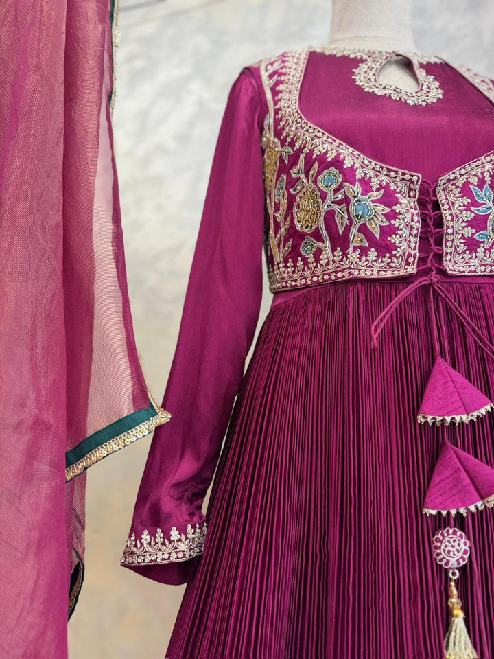 Magenta Kalamkari Applique Chinnon Dress