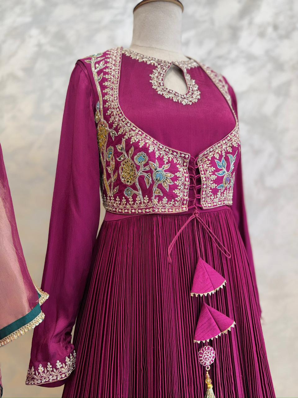 Magenta Kalamkari Applique Chinnon Dress