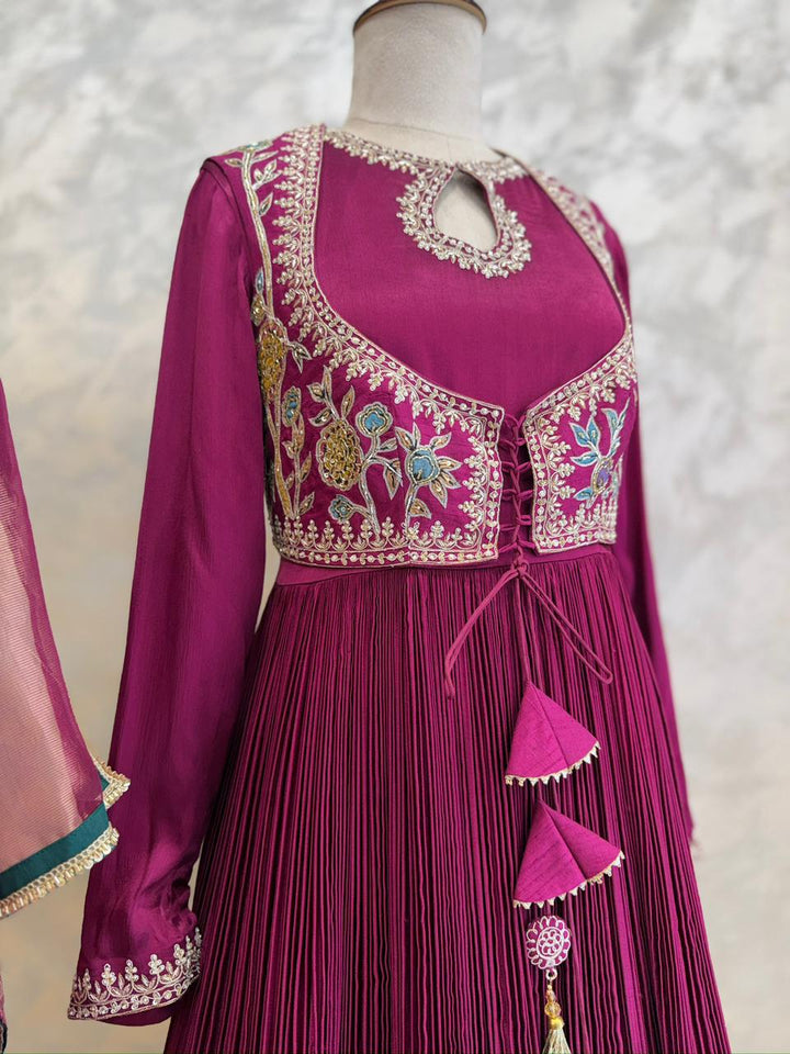 Magenta Kalamkari Applique Chinnon Dress