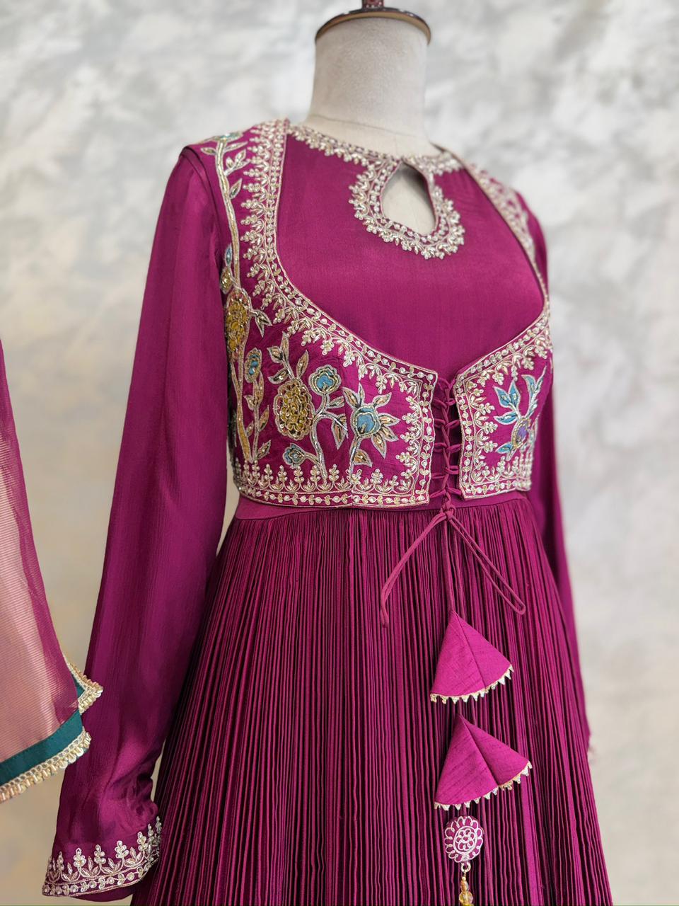 Magenta Kalamkari Applique Chinnon Dress