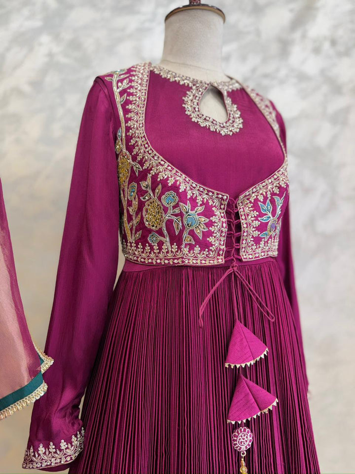 Magenta Kalamkari Applique Chinnon Dress