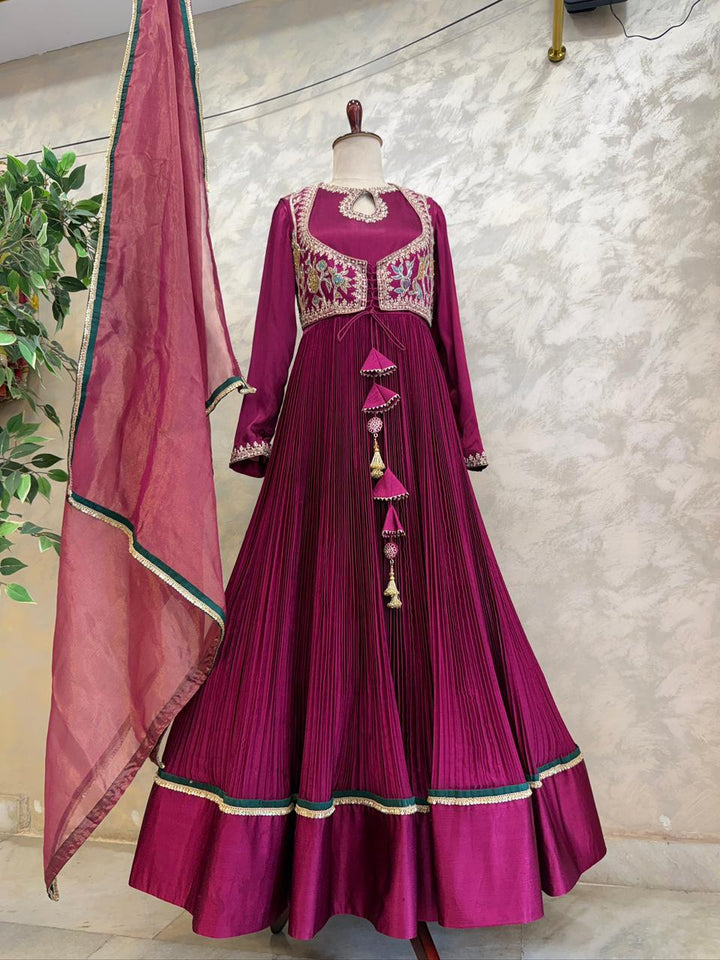 Magenta Kalamkari Applique Chinnon Dress