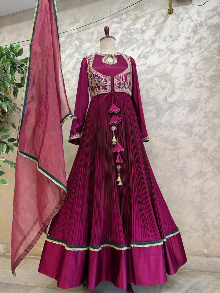 Magenta Kalamkari Applique Chinnon Dress