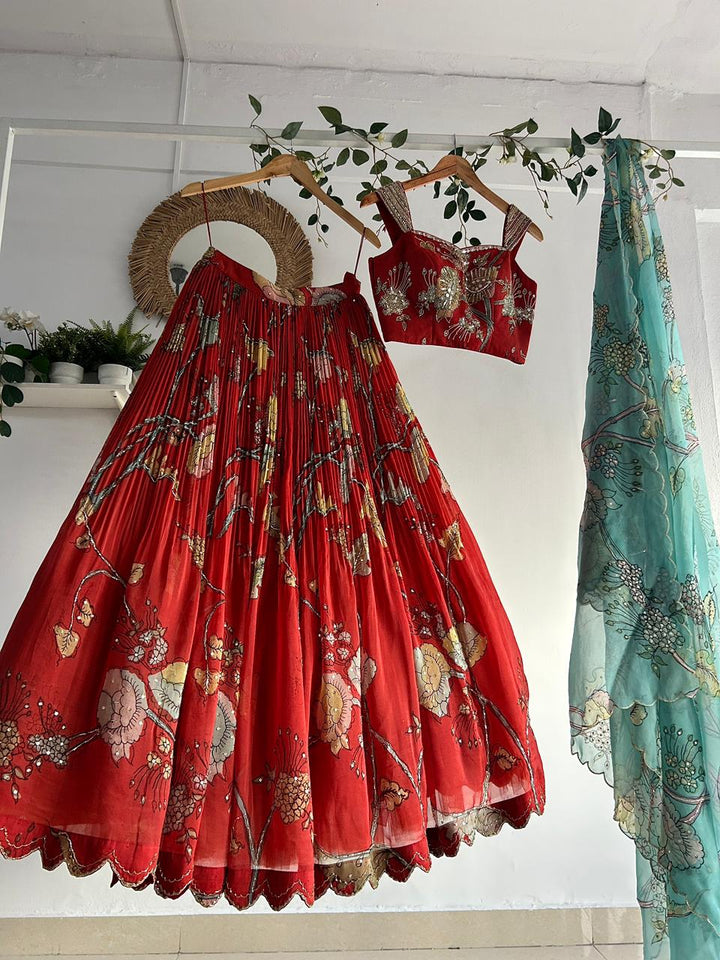 Red Organza Pen Kalamkari Lehenga