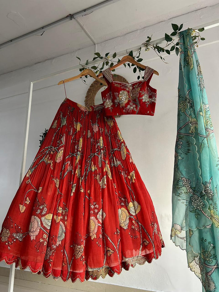 Red Organza Pen Kalamkari Lehenga