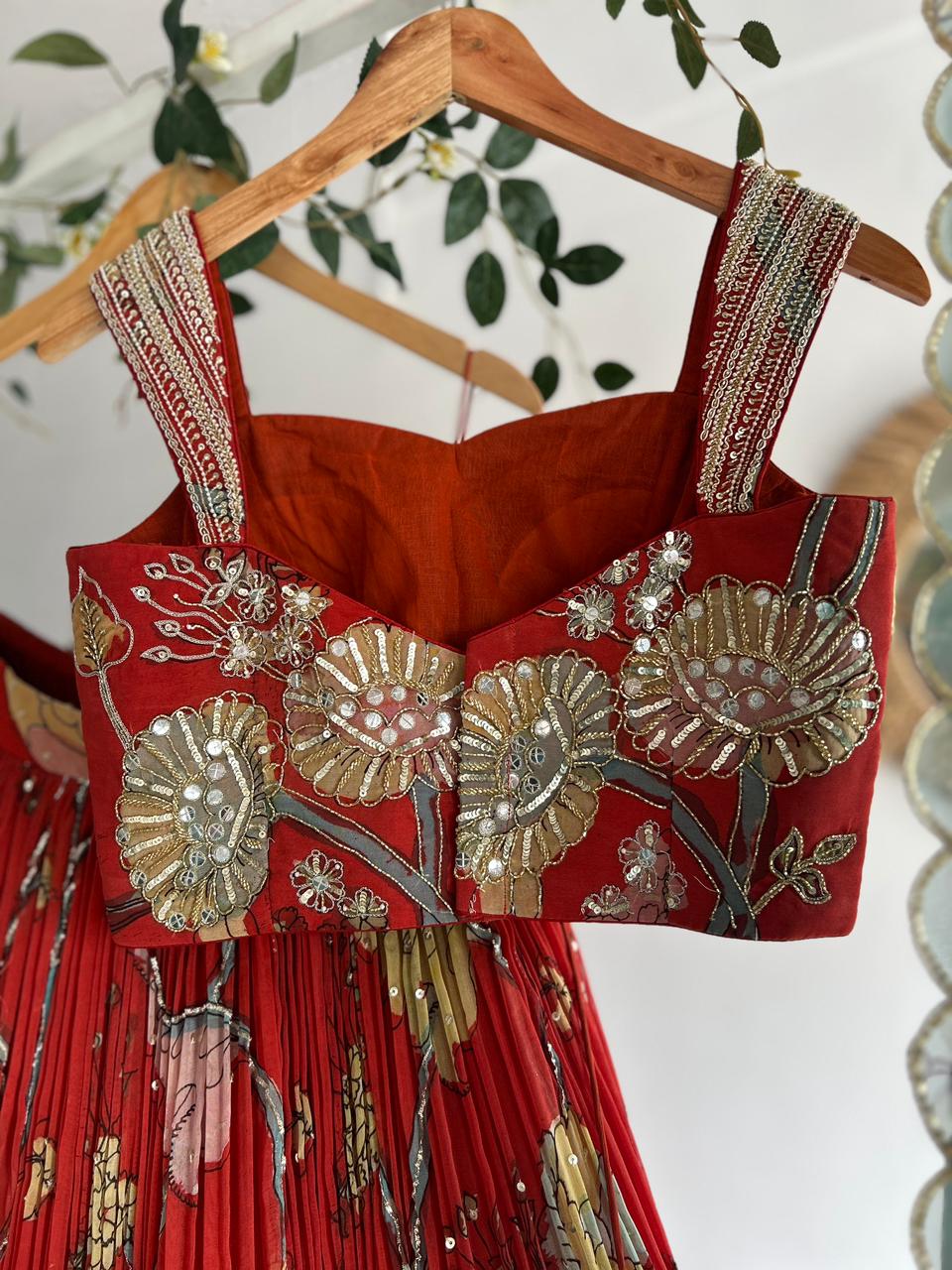 Red Organza Pen Kalamkari Lehenga