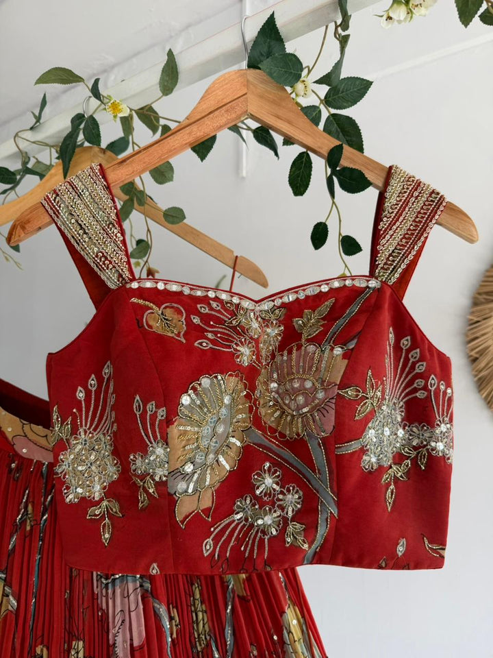 Red Organza Pen Kalamkari Lehenga