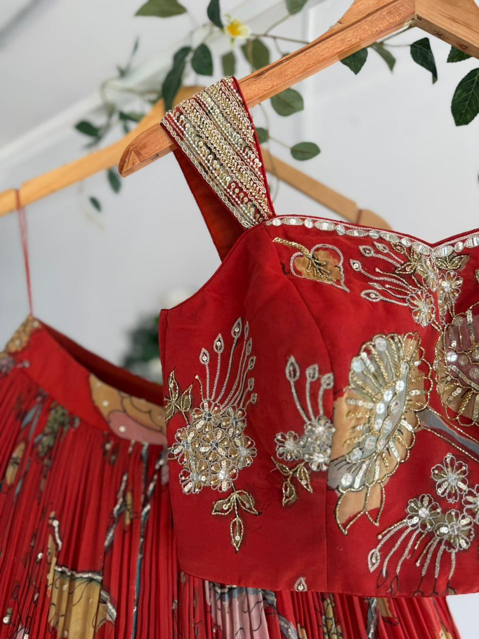 Red Organza Pen Kalamkari Lehenga