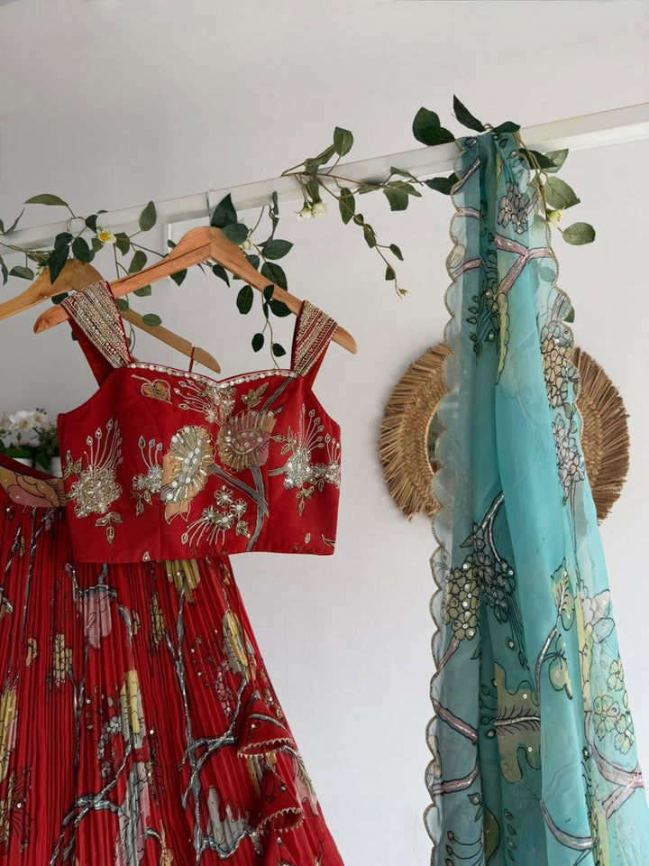 Red Organza Pen Kalamkari Lehenga