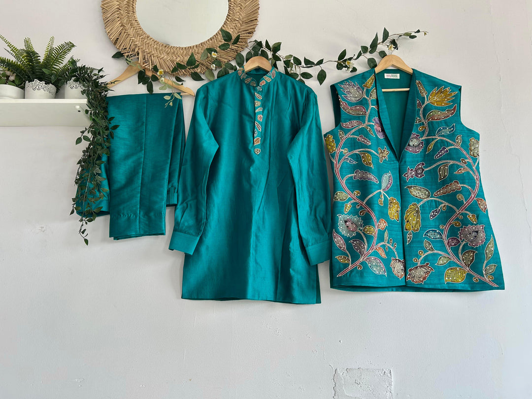 Teal Blue Pen Kalamkari Jacket Set