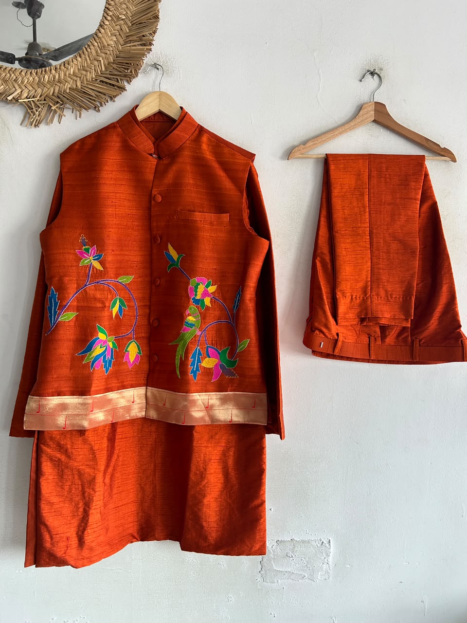 Rust Orange Paithani Jacket Set