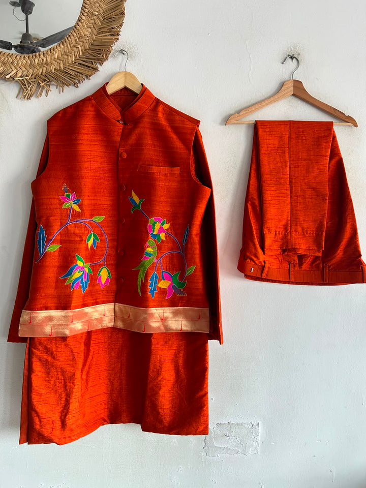 Rust Orange Paithani Jacket Set