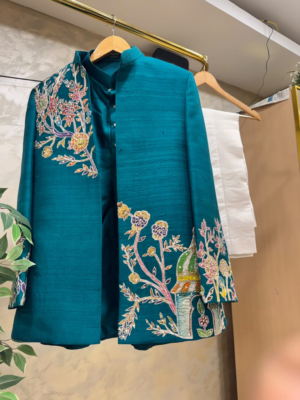 Teal Blue Pen Kalamkari Jacket Set
