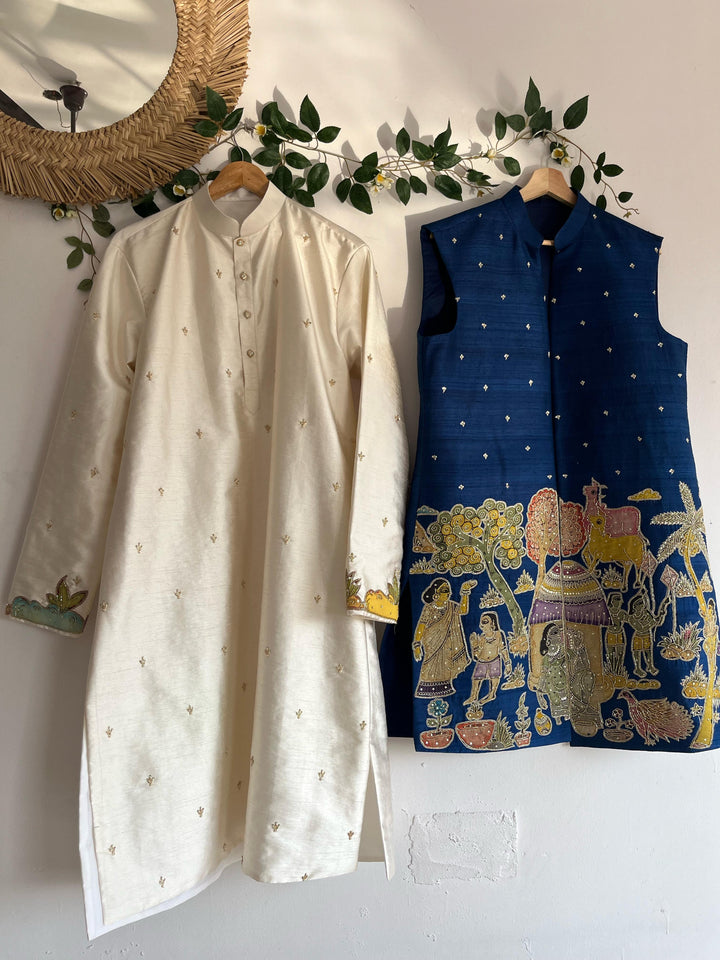 Dark Blue Pen Kalamkari Jacket Set