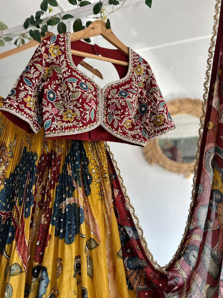 Yellow and Red Pen Kalamkari Lehenga