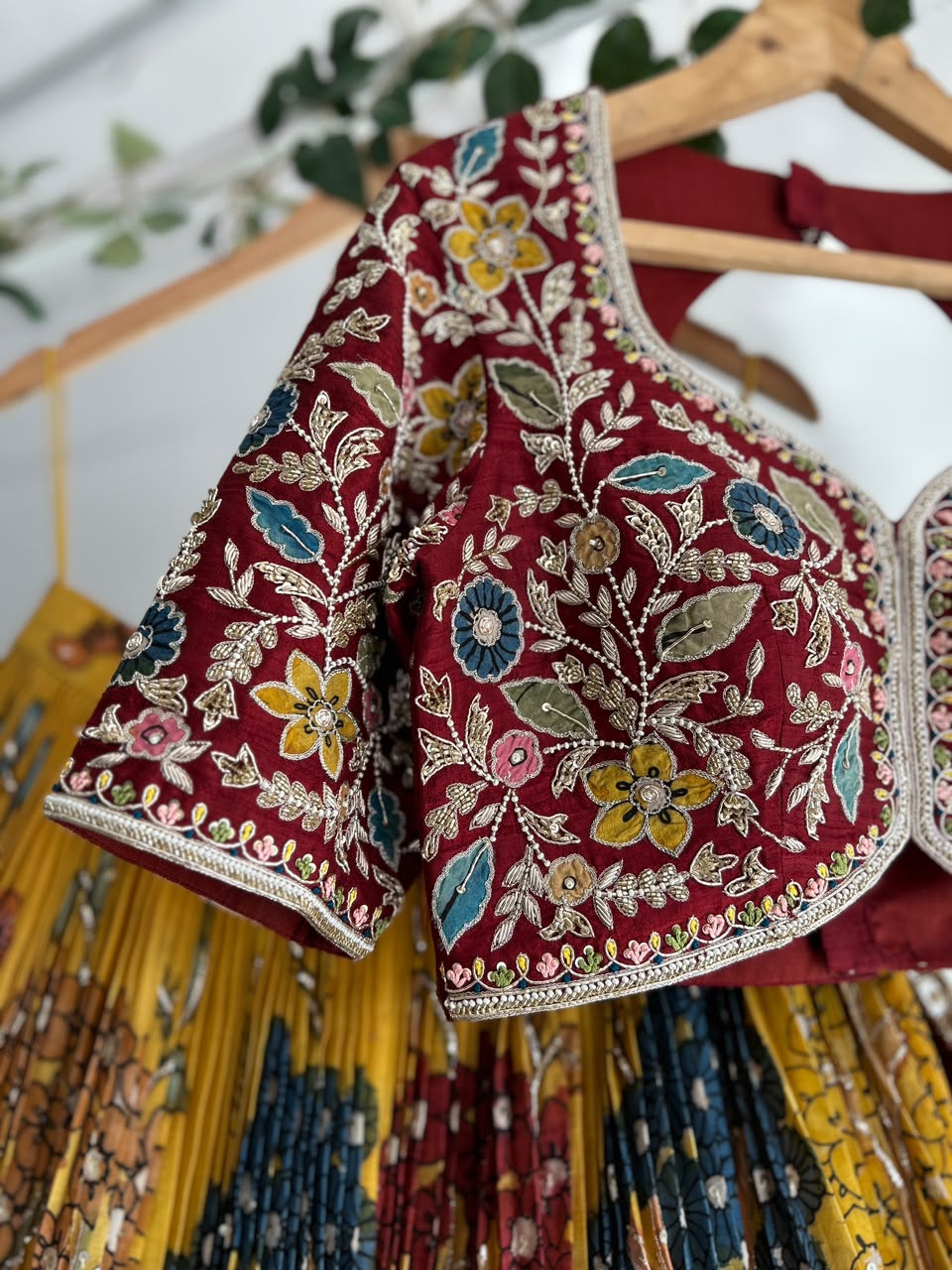 Yellow and Red Pen Kalamkari Lehenga