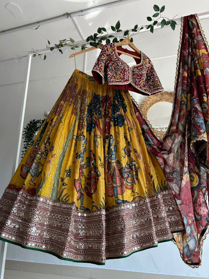 Yellow and Red Pen Kalamkari Lehenga