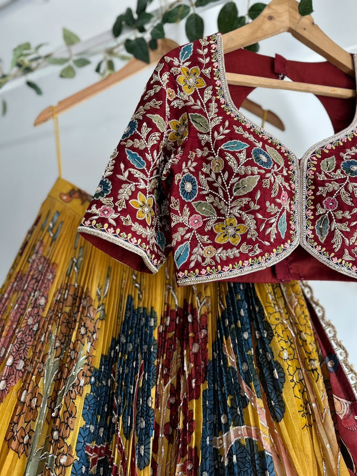 Yellow and Red Pen Kalamkari Lehenga