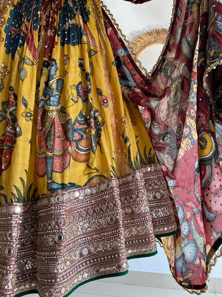 Yellow and Red Pen Kalamkari Lehenga