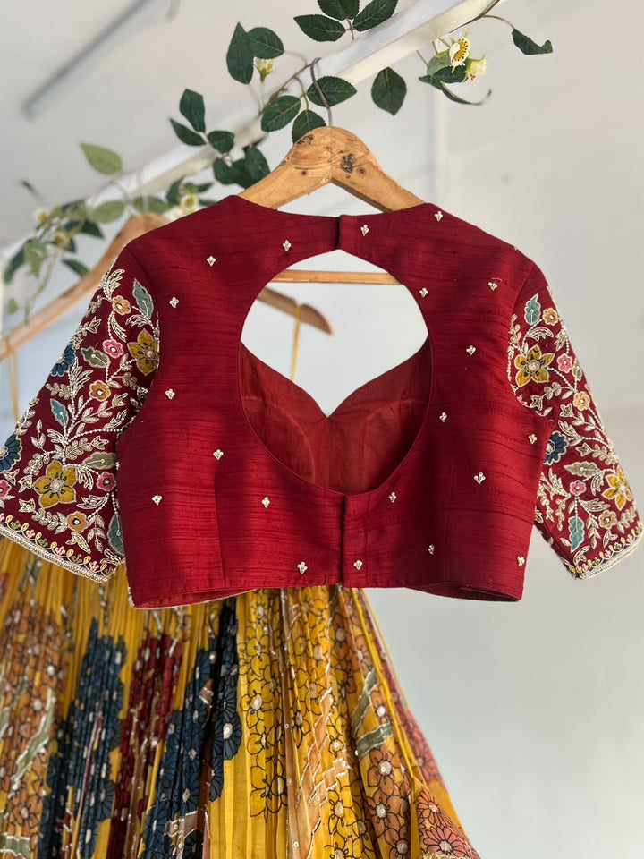 Yellow and Red Pen Kalamkari Lehenga