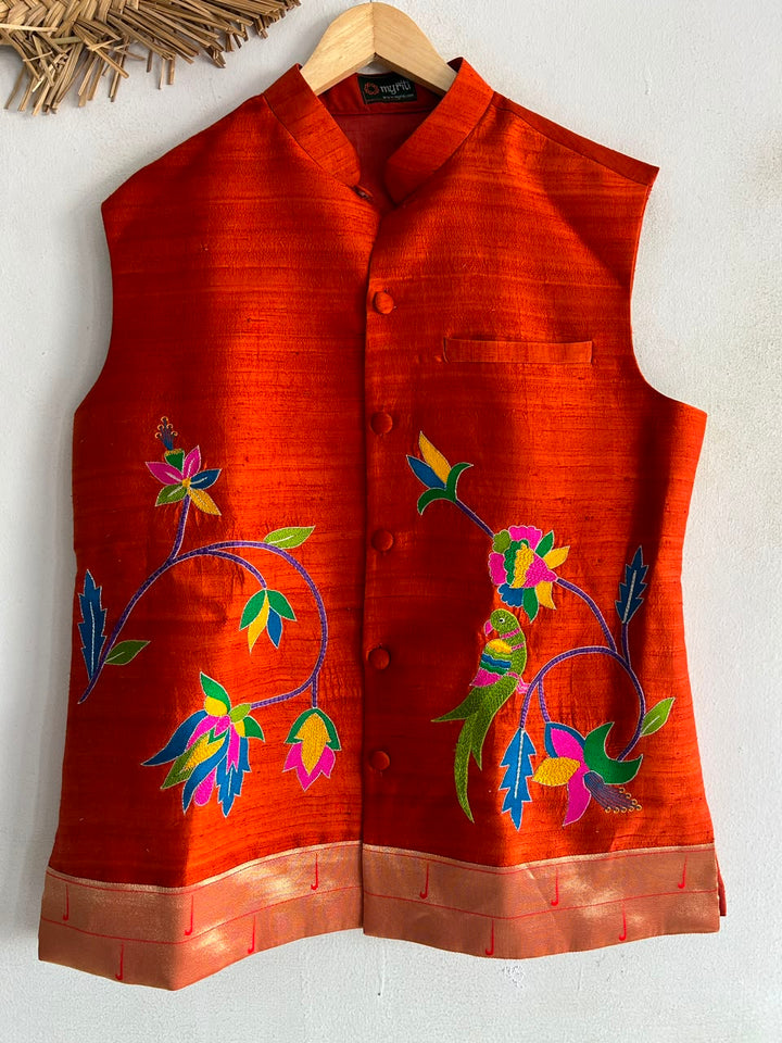 Rust Orange Paithani Jacket Set