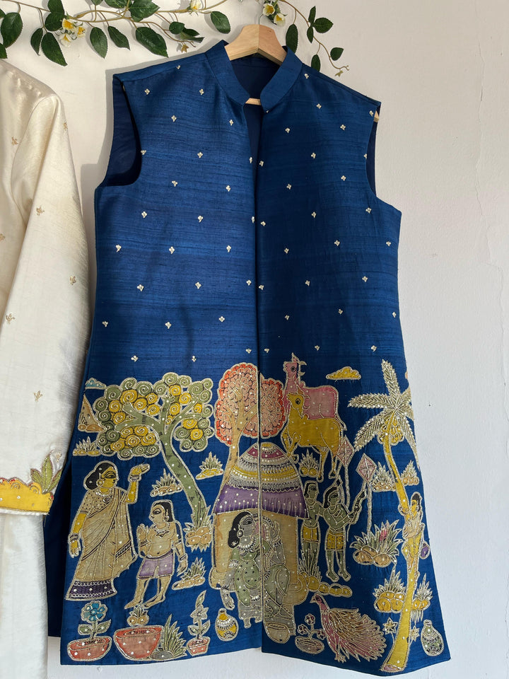 Dark Blue Pen Kalamkari Jacket Set