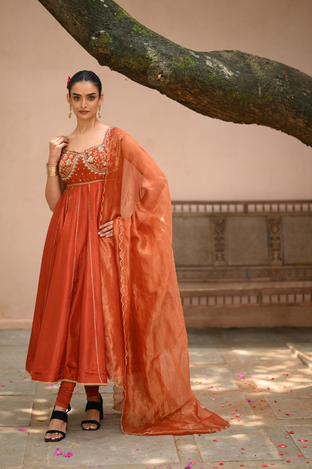 Rust Orange Tissue Anarkali