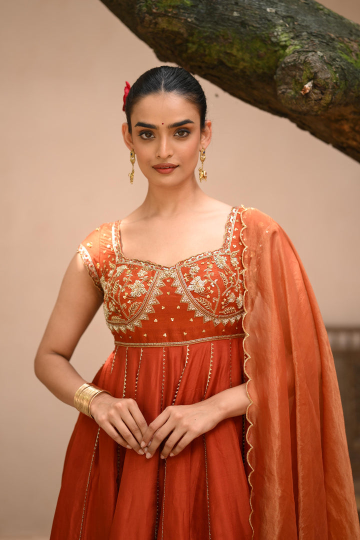 Rust Orange Tissue Anarkali