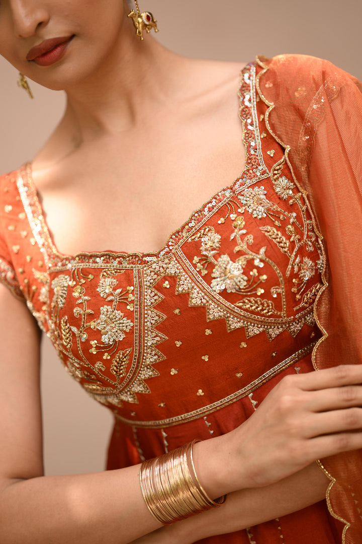 Rust Orange Tissue Anarkali