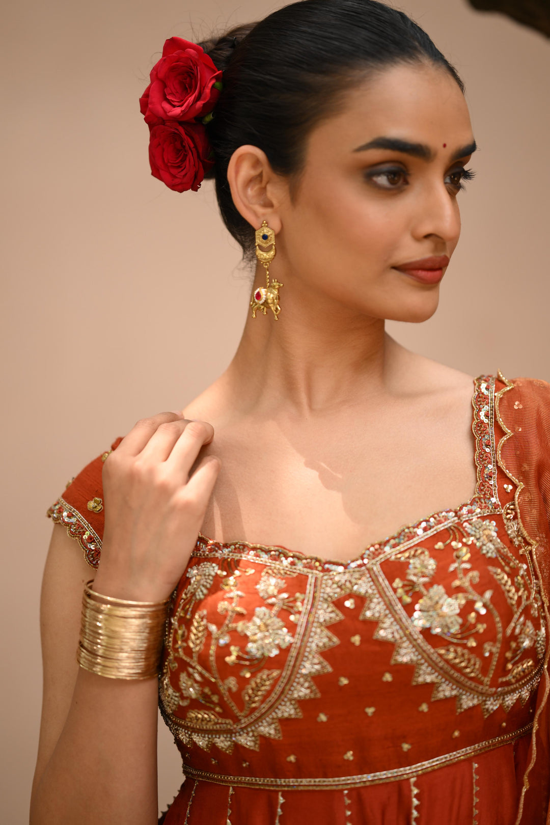 Rust Orange Tissue Anarkali